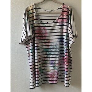 Avenue Womens Plus Size 30/32 Multicolor Stripe Floral Print Ribbed Blouse Top